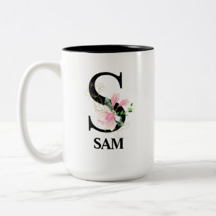 Pretty Floral S monogrammed alphabet Two-Tone Coffee Mug
