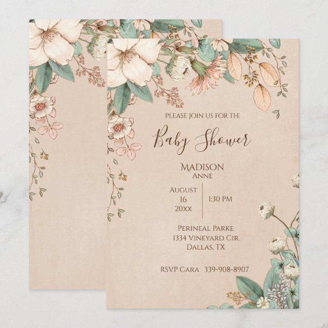 Pretty Floral Script Elegant Gender Neutral Baby Invitation (Front/Back)