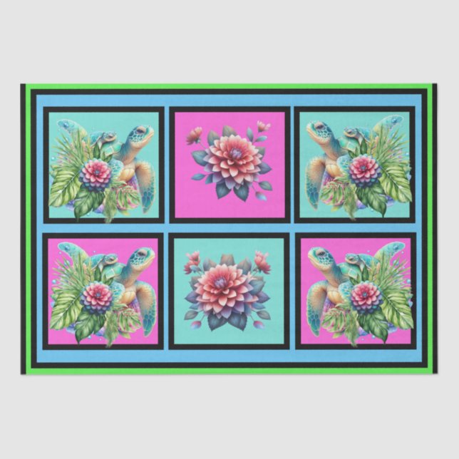 Pretty Floral Sea Turtles Tile Pattern Decoupage Tissue Paper (Front)