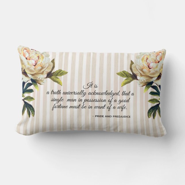 Pretty floral striped Jane Austen book quote Lumbar Cushion (Front)