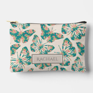 Pretty Floral Teal Butterfly Pattern Personalised Accessory Pouch