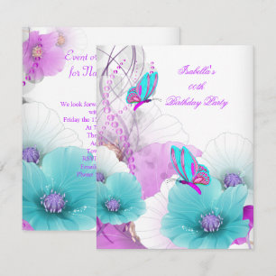 Pretty Floral Teal Pink Butterfly Birthday Party Invitation