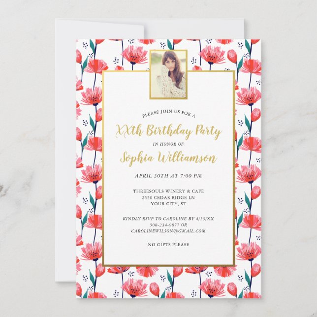 Pretty Floral Tulip, Your Photo, Birthday Party Invitation (Front)