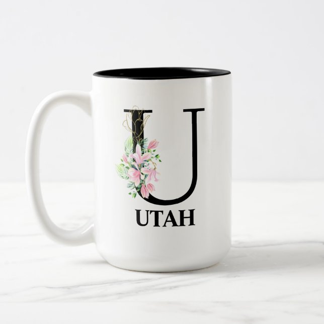 Pretty Floral U monogrammed alphabet Two-Tone Coffee Mug (Left)