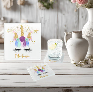 Pretty Floral Unicorn Glass Coaster