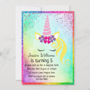 Pretty Floral Unicorn, Glittery Girl´s 5th Party Invitation