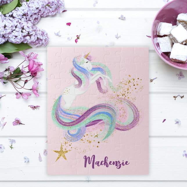 Pretty Floral Unicorn Personalised Kids Jigsaw Puzzle (Pretty Floral Unicorn Personalized Kids Jigsaw Puzzle)