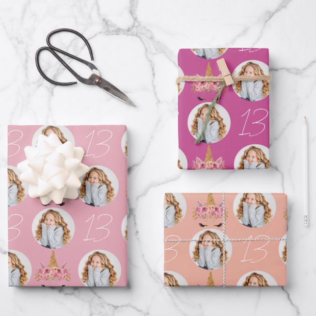 Pretty Floral Unicorn Photo Birthday  Wrapping Paper Sheet (Front)
