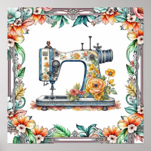 Pretty Floral Vintage Sewing Machine and Flowers Poster