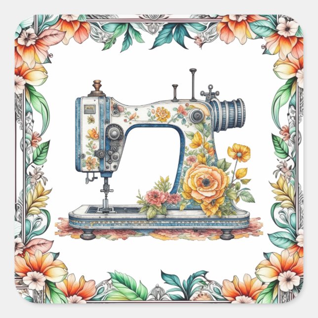 Pretty Floral Vintage Sewing Machine and Flowers Square Sticker (Front)