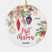 Pretty floral watercolor baby first Christmas  Ceramic Ornament (Front)