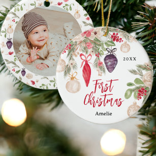 Pretty floral watercolor baby first Christmas  Ceramic Ornament