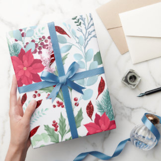 Pretty floral watercolor glitter red poinsettia wrapping paper