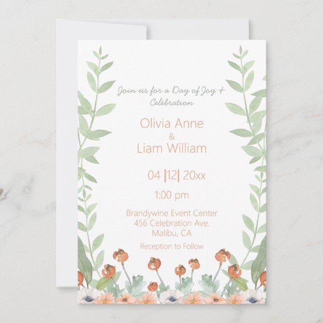 Pretty Floral Watercolor Modern Script Wedding Invitation (Front)