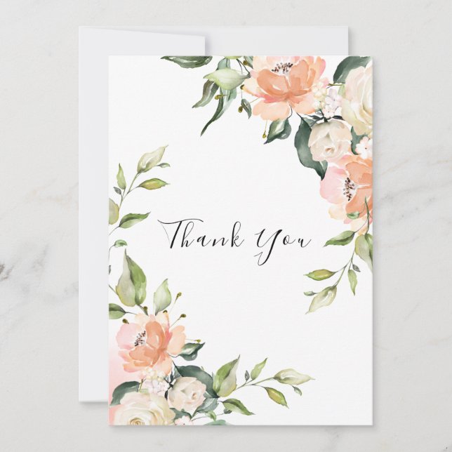 Pretty Floral Watercolor Peach Wedding Thank You Card (Front)
