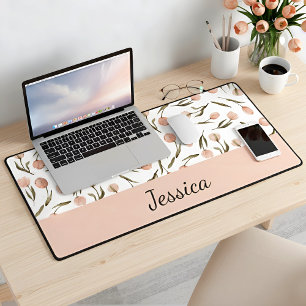 Pretty Floral Watercolor White Peach Monogram Name Desk Mat