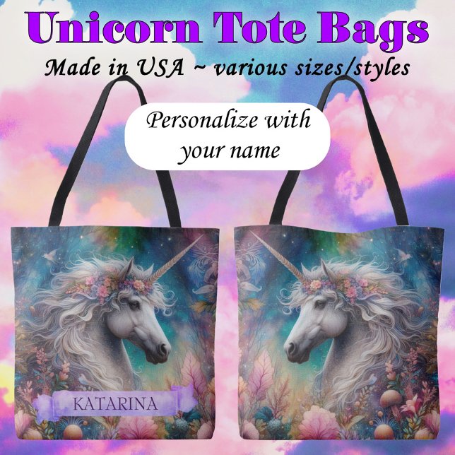 Pretty Floral Whimsical Unicorn Custom Name Tote Bag (Creator Uploaded)