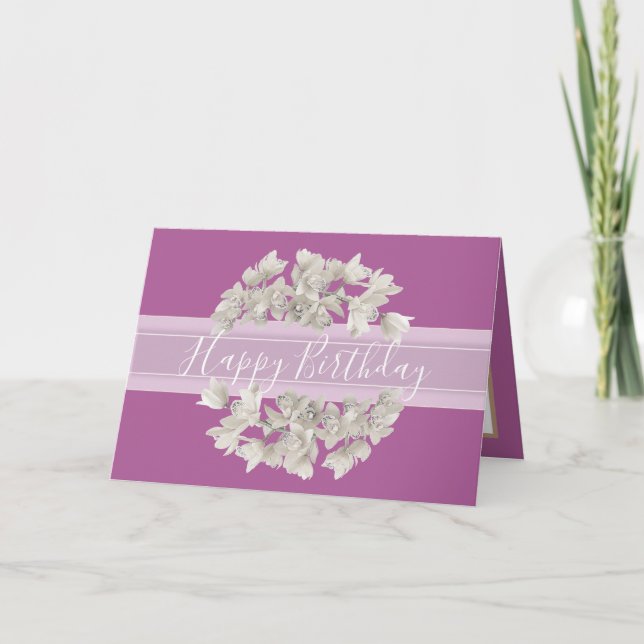 Pretty Floral White Orchid Flower Bouquet Birthday Card (Front)