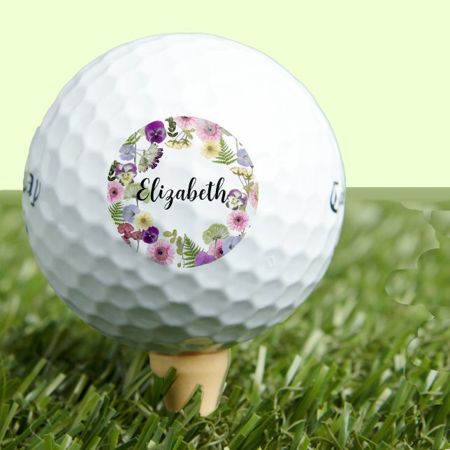 Pretty floral wildflower with custom name ladies golf balls (Creator Uploaded)
