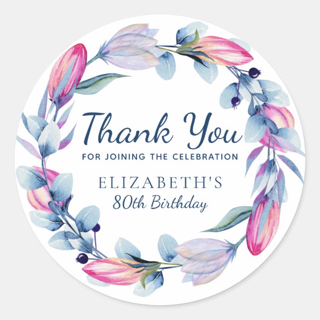 Pretty Floral Wreath 80th Birthday Thank You Class Classic Round Sticker (Front)