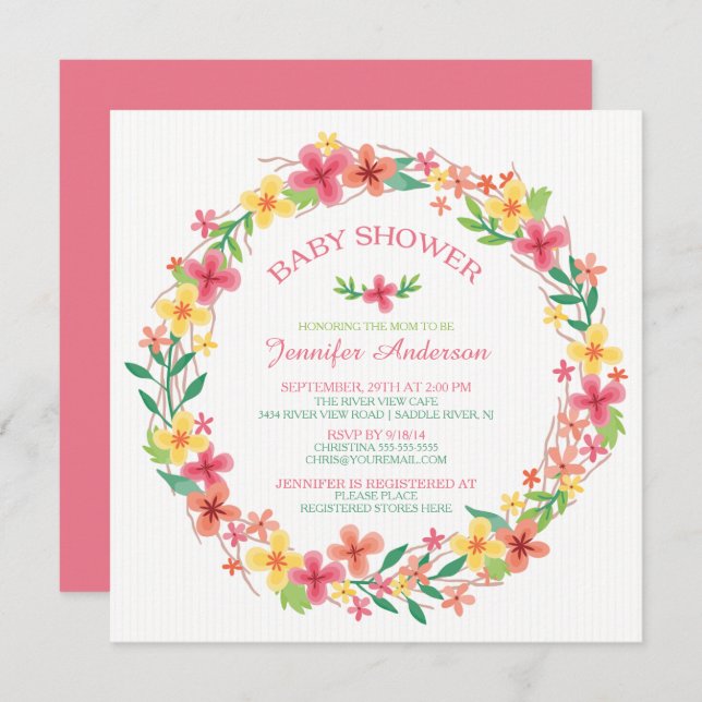 Pretty Floral Wreath Girls Baby Shower Invitation (Front/Back)