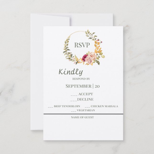 Pretty Floral Wreath Gold RSVP Card (Front)