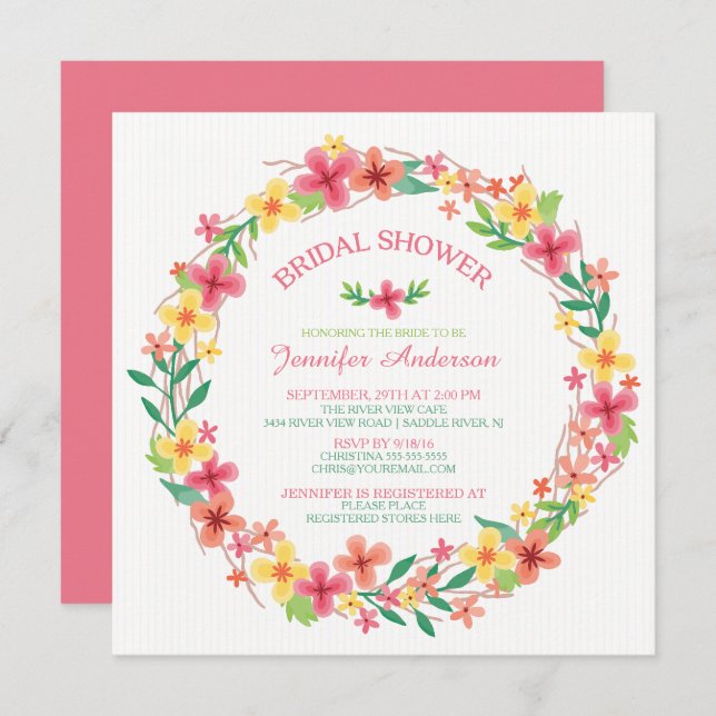 Pretty Floral Wreath Spring Bridal Shower Invitation (Front/Back)