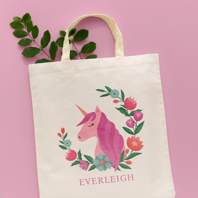 Pretty Floral Wreath Unicorn Name Tote Bag (Creator Uploaded)