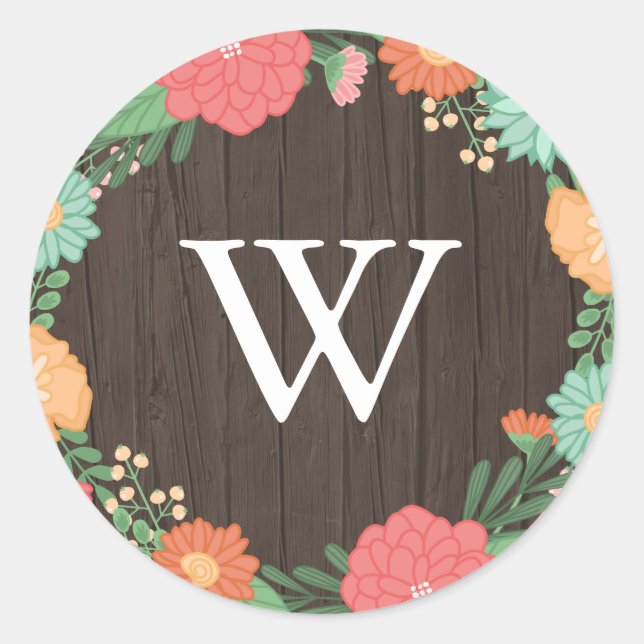 Pretty Floral Wreath Wood Grain Wedding Monogram Classic Round Sticker (Front)