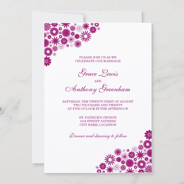 Pretty Florals Dark Fuchsia Wedding Invitation (Front)