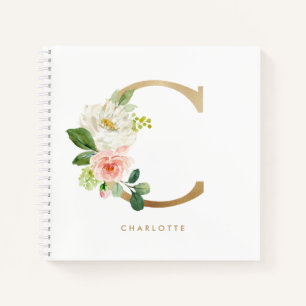 Pretty Florals Faux Gold Foil Letter C Monogram Notebook