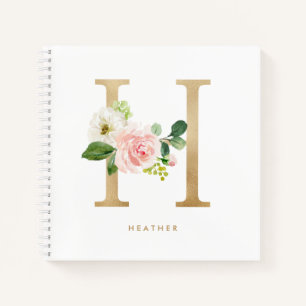 Pretty Florals Faux Gold Foil Letter H Monogram Notebook