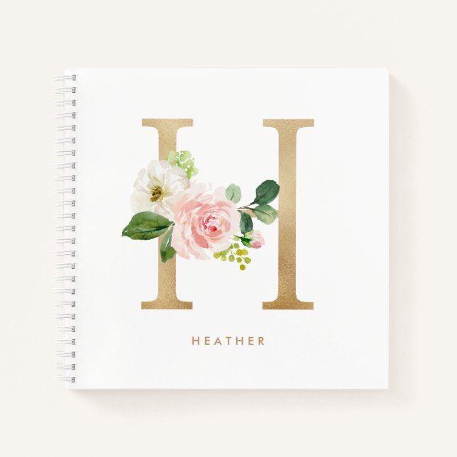 Pretty Florals Faux Gold Foil Letter H Monogram Notebook (Front)