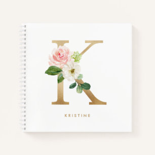 Pretty Florals Faux Gold Foil Letter K Monogram Notebook