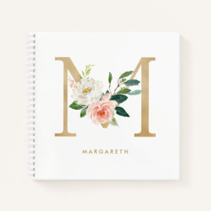 Pretty Florals Faux Gold Foil Letter M Monogram Notebook