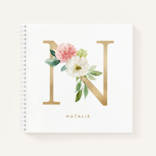 Pretty Florals Faux Gold Foil Letter N Monogram Notebook
