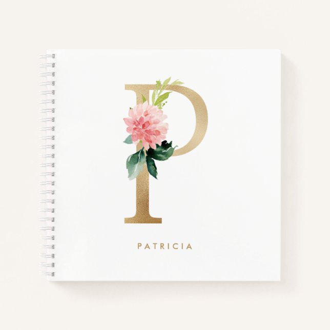 Pretty Florals Faux Gold Foil Letter P Monogram  Notebook (Front)