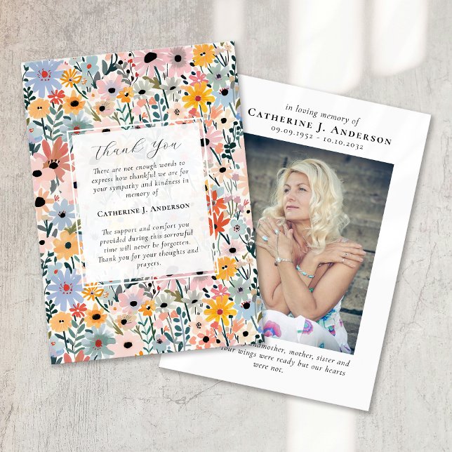 Pretty Florals Memorial Photo Sympathy Funeral Thank You Card (Creator Uploaded)