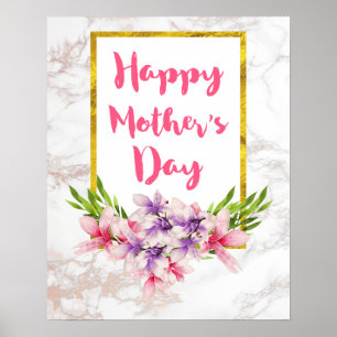 Pretty Florals on White Marble Mother's Day Poster