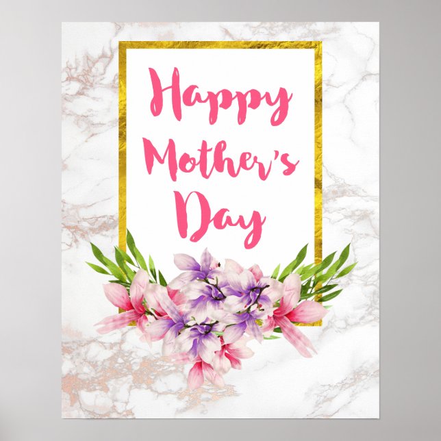 Pretty Florals on White Marble Mother's Day Poster (Front)