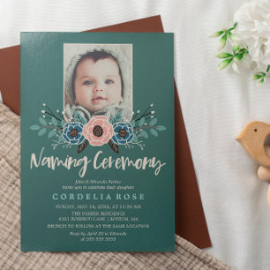 Pretty Florals   Pink & Green Naming Ceremony Invitation