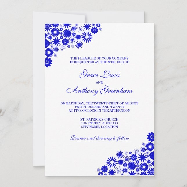 Pretty Florals Royal Blue Wedding Invitation (Front)