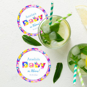 Pretty  Flower Baby Shower Blue Personalised Round Paper Coaster