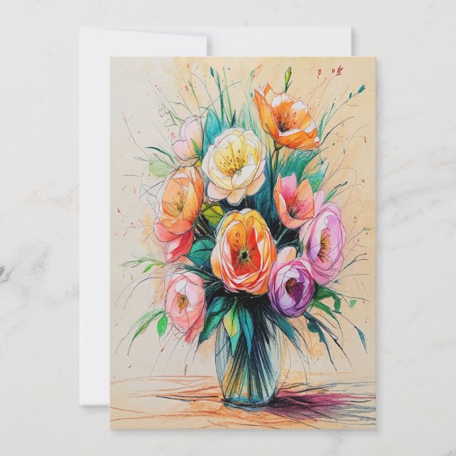 Pretty Flower Bouquet Art Colour Pencils Drawing Holiday Card (Front)