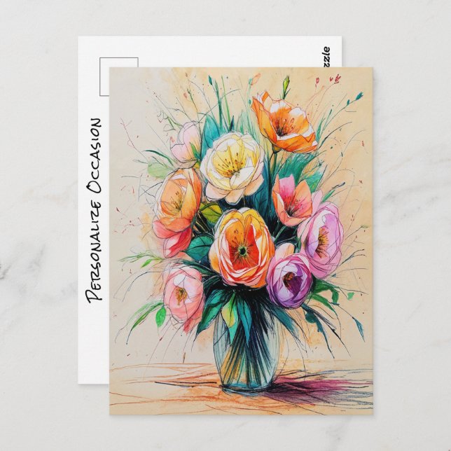 Pretty Flower Bouquet Art Colour Pencils Drawing Postcard (Front/Back)