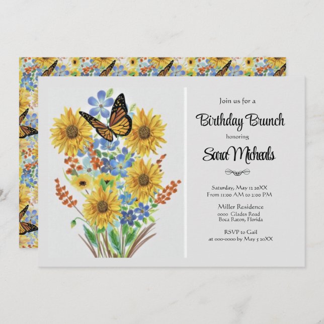 Pretty Flower Bouquet Birthday Brunch  Invitation (Front/Back)