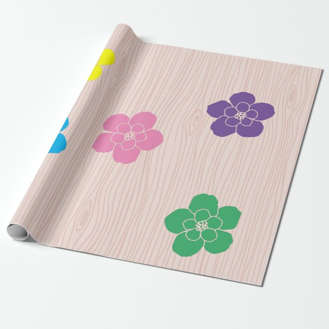 Pretty Flower Cutouts on Woodgrain Backdrop Wrapping Paper (Unrolled)