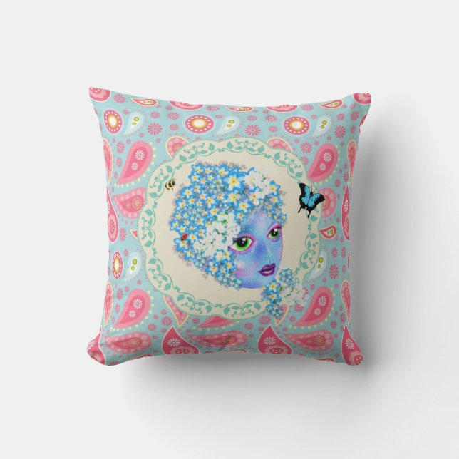 Pretty Flower Fairy, Paisley pink blue cushion (Front)