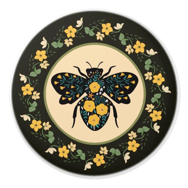 Pretty Flower Frame Flowered Bee  Ceramic Knob (Front)