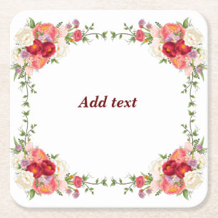 Pretty Flower Frame Template, Customisable, Square Paper Coaster